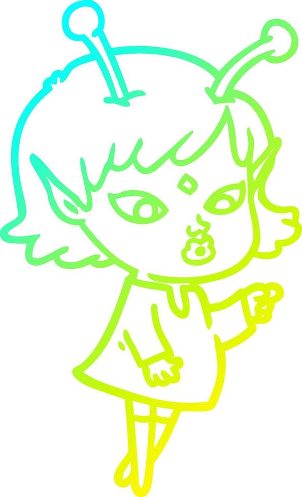 cold gradient line drawing pretty cartoon alien girl vector