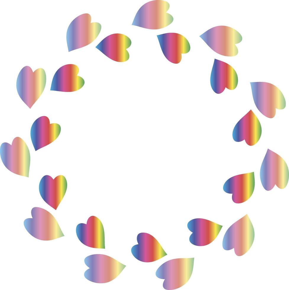 Round frame with gradient rainbow hearts on white background. Vector image.