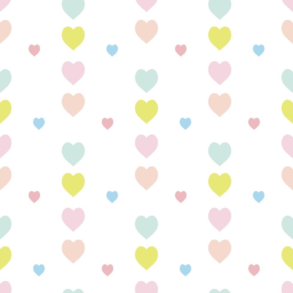 Seamless pattern in stylish cozy blue, pink, green and orange hearts on white background for fabric, textile, clothes, tablecloth and other things. Vector image.