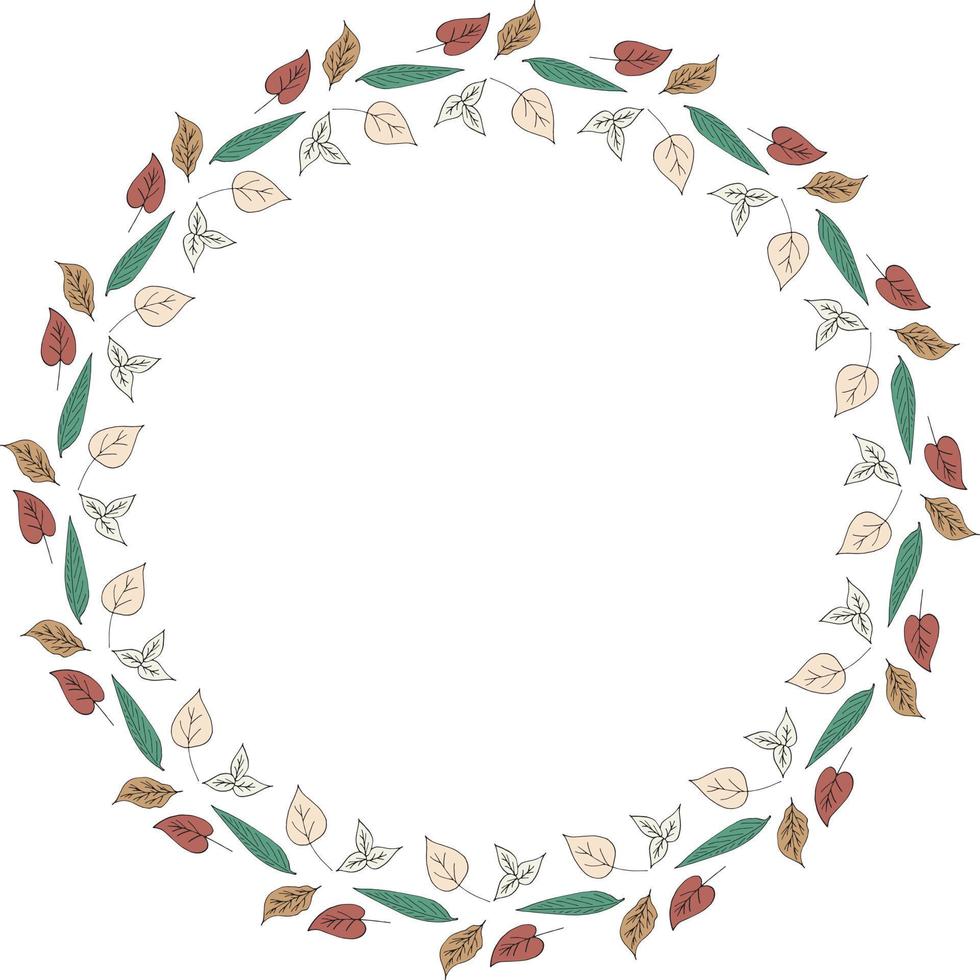 Round frame of horizontal different multicolored  leaves. Isolated nature frame on white background for your design. vector