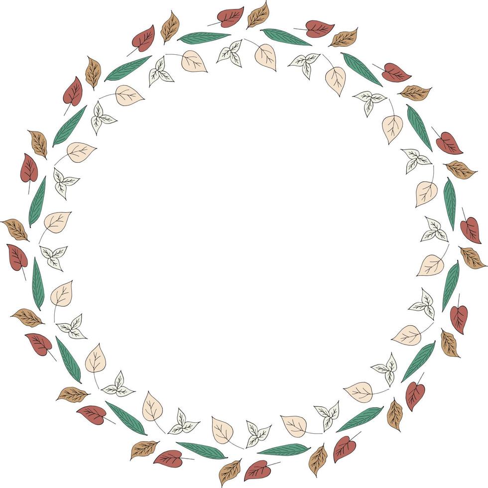 Round frame of horizontal different multicolored  leaves. Isolated nature frame on white background for your design. vector