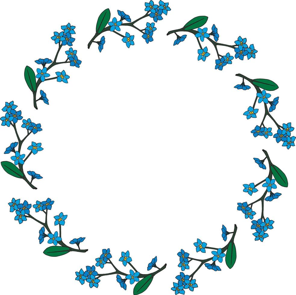 Round frame with  horizontal  blue flowers forget-me-not. Isolated wreath on white background for your design. vector