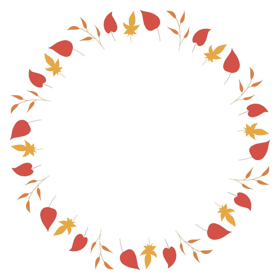 Round frame with big red leaves,  yellow leaves and orange branches on white background. Isolated wreath for your design. vector