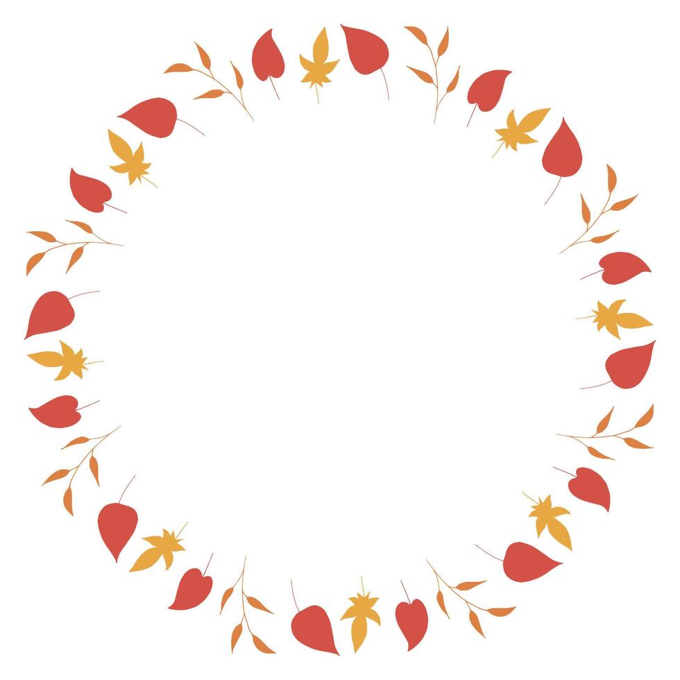 Round frame with big red leaves,  yellow leaves and orange branches on white background. Isolated wreath for your design. vector