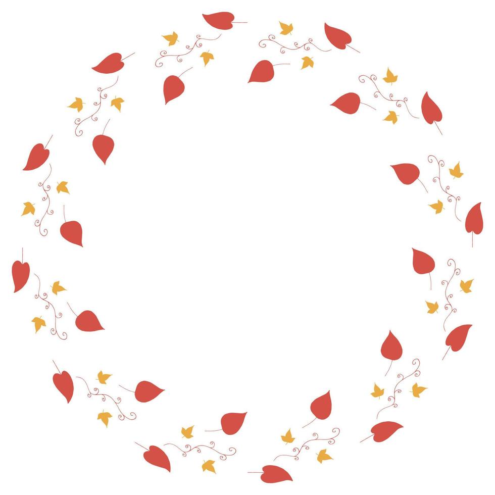 Round frame with horizontal red leaves, decorative elements and little yellow leaves on white background. Isolated wreath for your design. vector