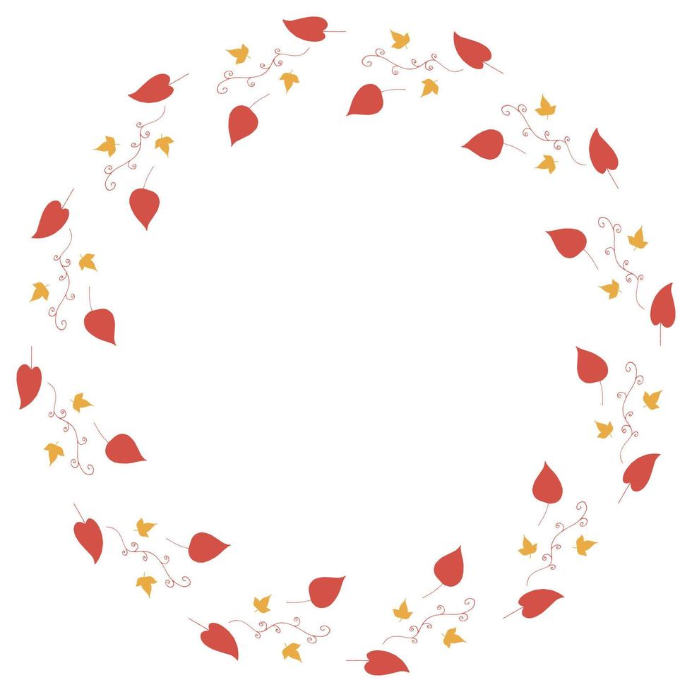 Round frame with horizontal red leaves, decorative elements and little yellow leaves on white background. Isolated wreath for your design. vector