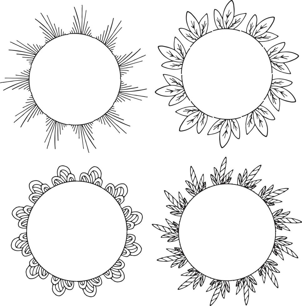 cuatro marcos redondos de elementos decorativos en blanco y negro. coronas aisladas sobre fondo blanco para su diseño vector