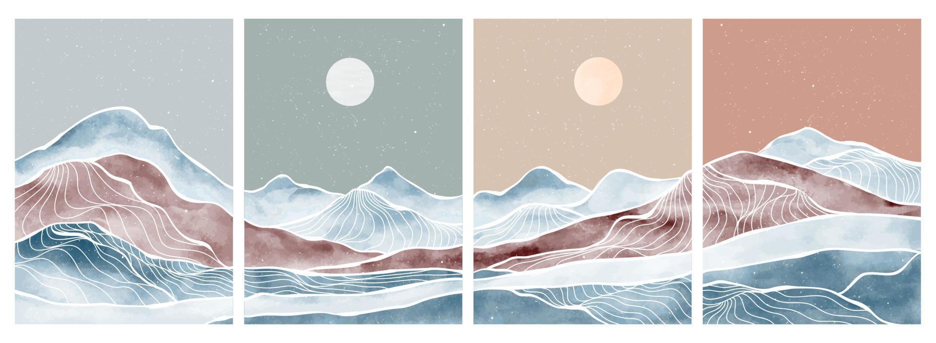 Set of Mountain landscape with watercolor brush and line art. Abstract mountain contemporary aesthetic backgrounds landscapes. vector illustrations