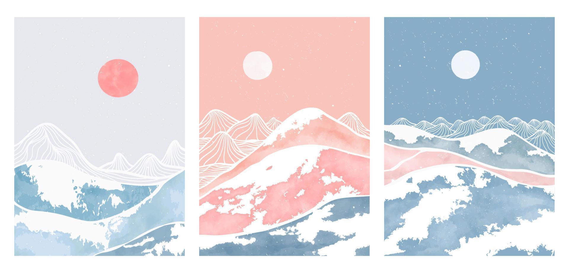 set of Mid century modern minimalist art print. Abstract mountain contemporary aesthetic backgrounds landscapes. vector illustrations