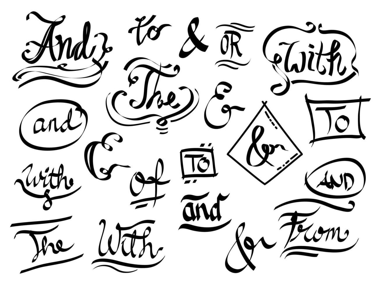 conjunto de elementos de diseño de palabras clave y símbolos de unión dibujados a mano. garabato, vector, ilustración vector