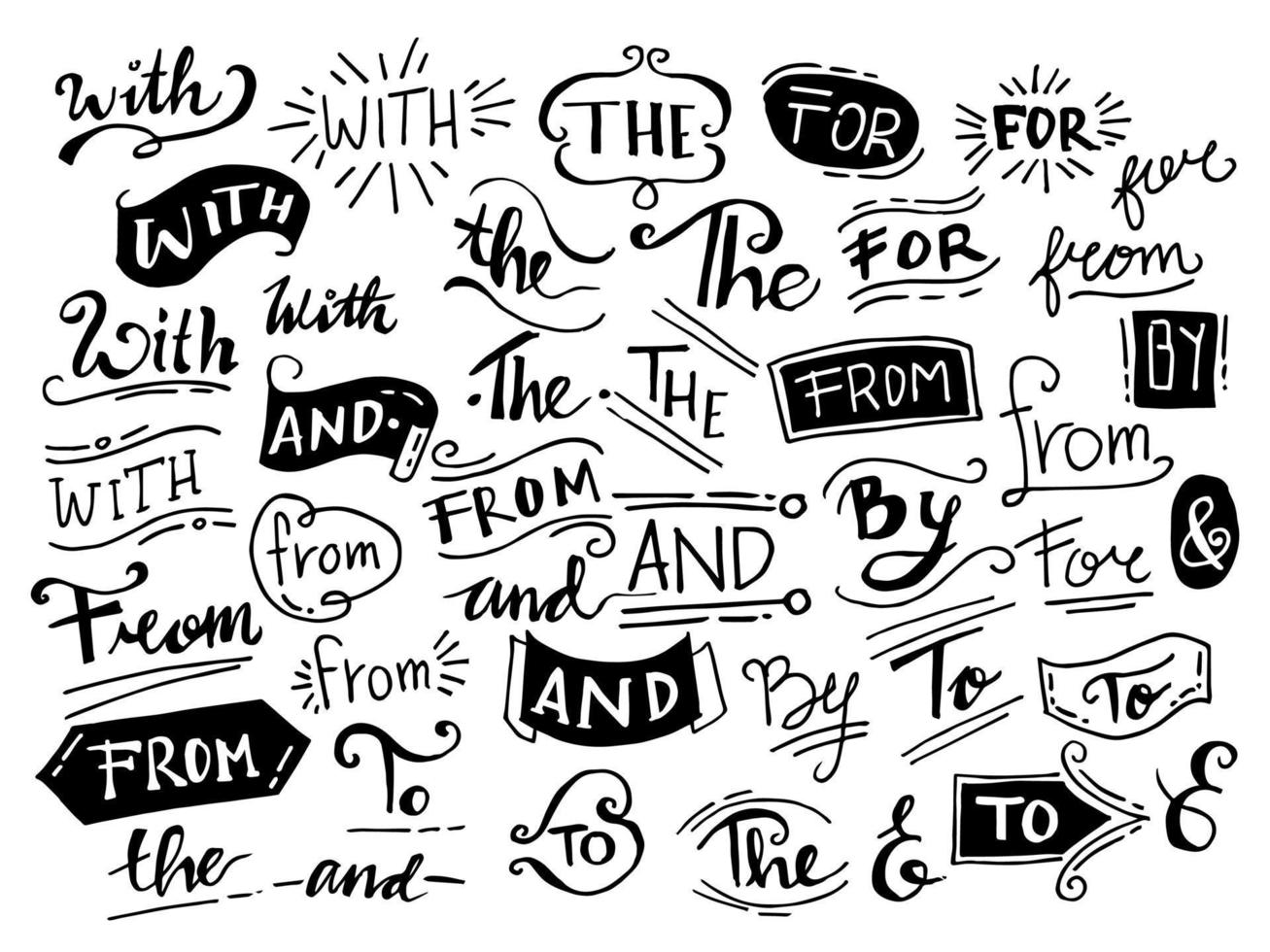 doodle ampersands, lemas, caligrafía, cinta. conjunto de elementos de diseño dibujados a mano. palabras, con, de, por, para, a, el, y vector