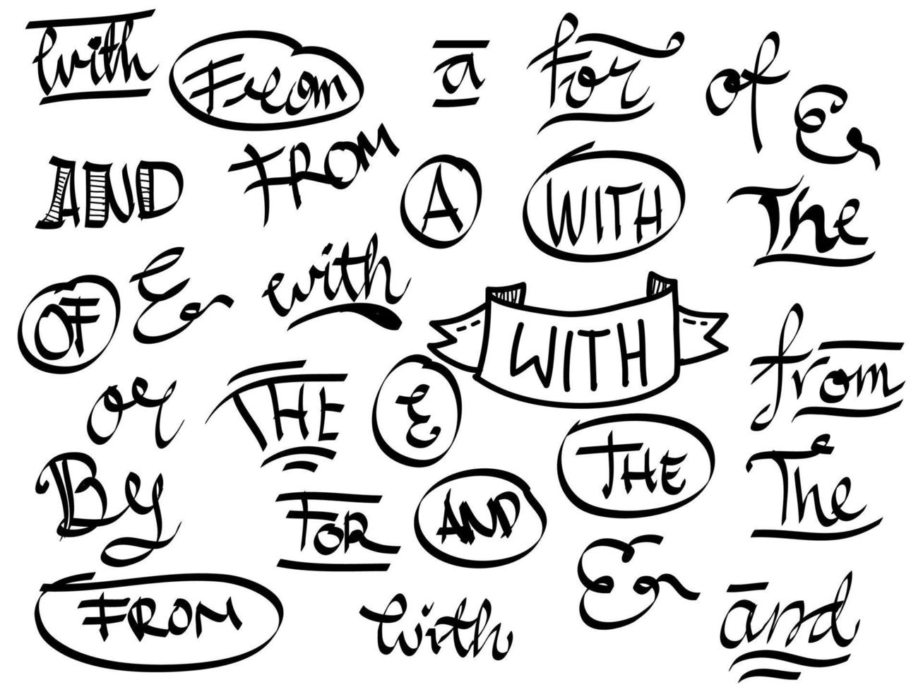 conjunto de elementos de diseño de palabras clave y símbolos de unión dibujados a mano. garabato, vector, ilustración vector
