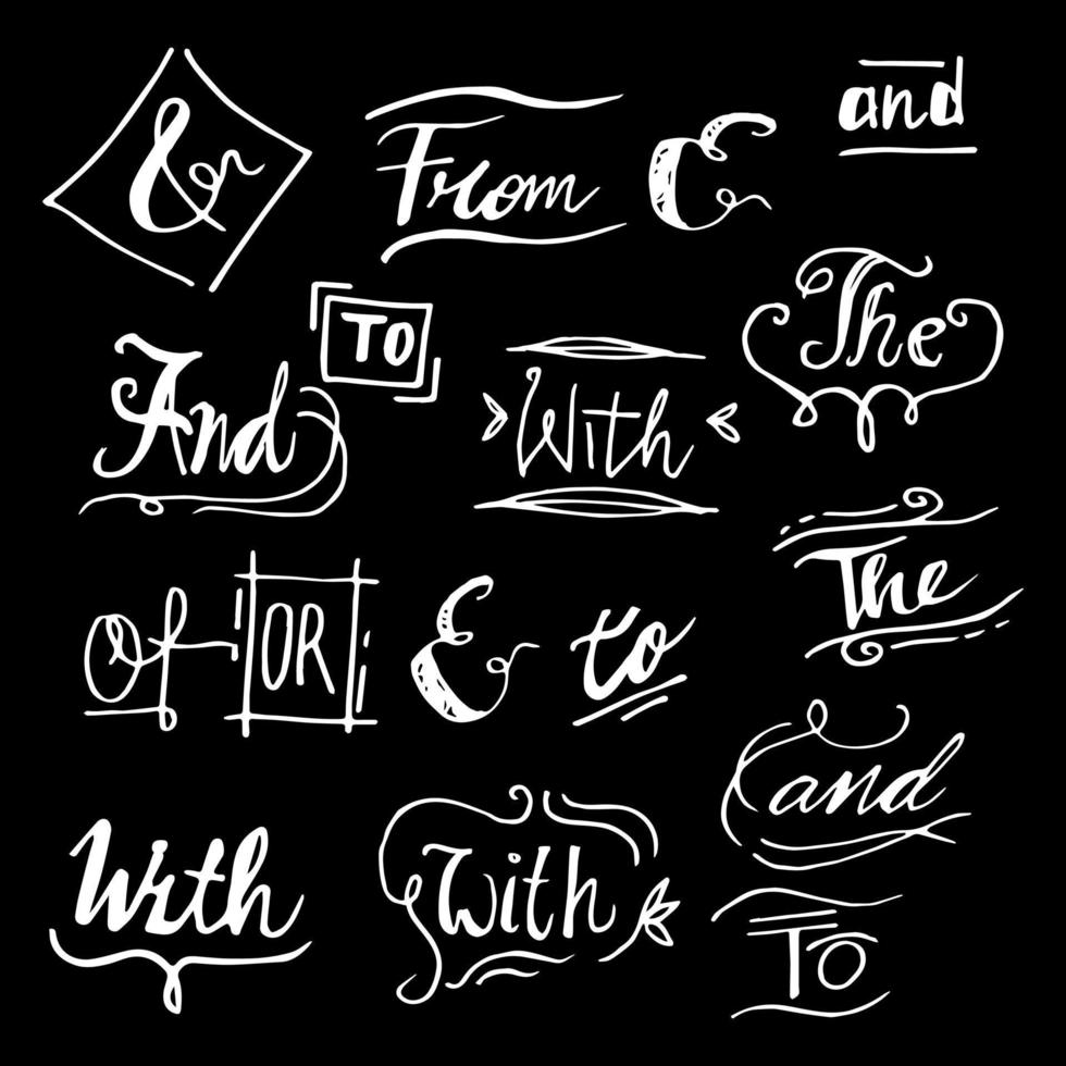 Doodle Handwritten catchwords and ampersands vector set. Modern handwritten calligraphy and lettering. isolated on black background