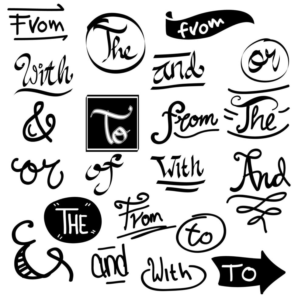Hand drawn catchwords and ampersands  design elements set. doodle vector illustration