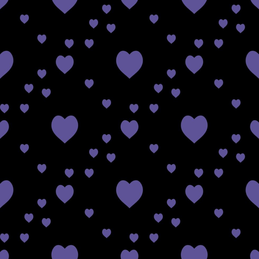 Seamless pattern with cute violet hearts on black background. Vector image.