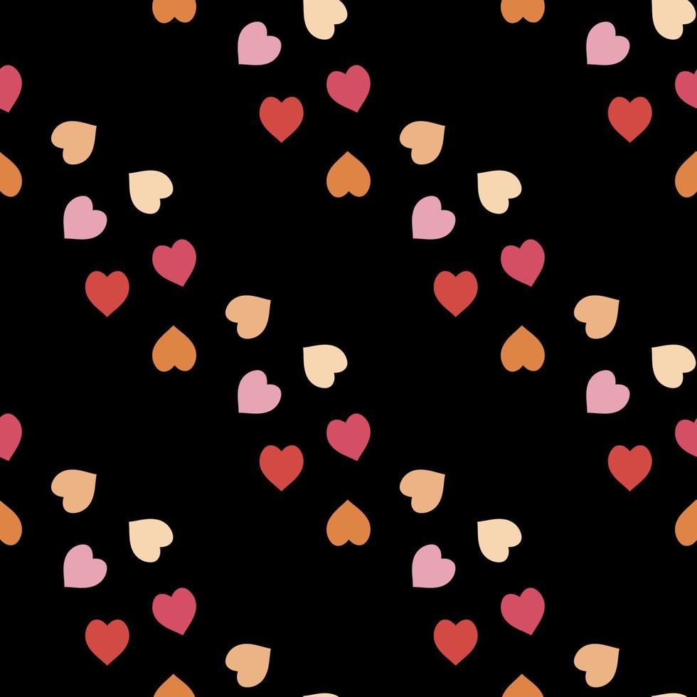Seamless pattern with exquisite red, pink and orange hearts on black background for plaid, fabric, textile, clothes, tablecloth and other things. Vector image.