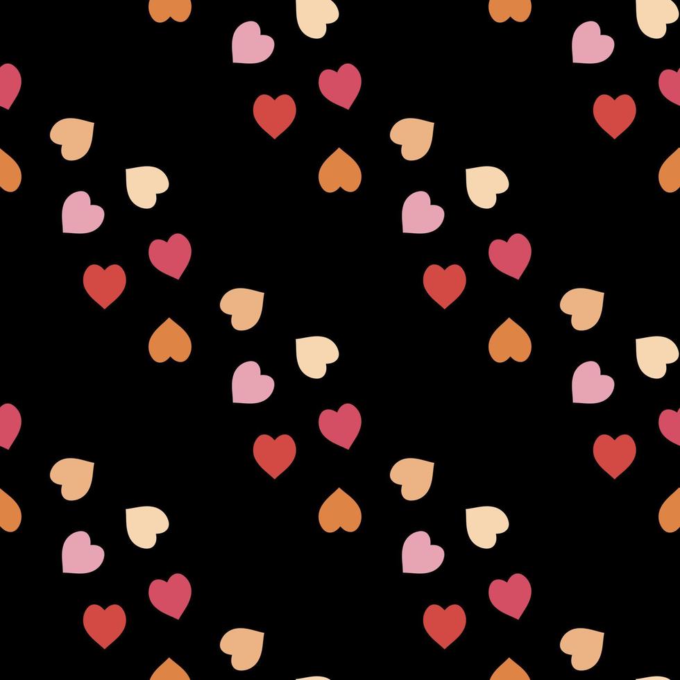 Seamless pattern with exquisite red, pink and orange hearts on black background for plaid, fabric, textile, clothes, tablecloth and other things. Vector image.