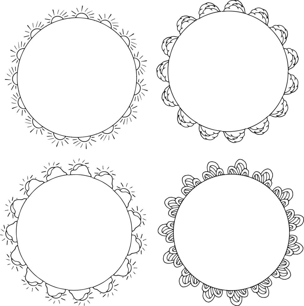 Four round black-and-white frames with suns, clouds and decorative elements. Isolated wreaths on white background for your design vector