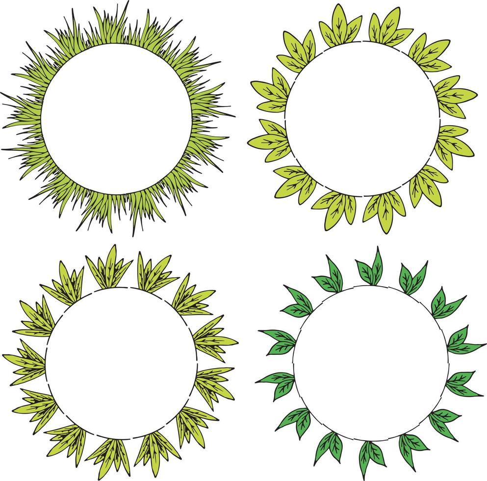 Four round frames with green grass and leaves. Isolated wreaths on white background for your design vector