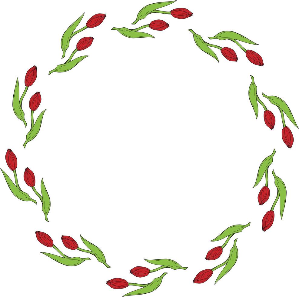 Round frame with red tulips. Isolated wreath with flowers on white background. Vector image.