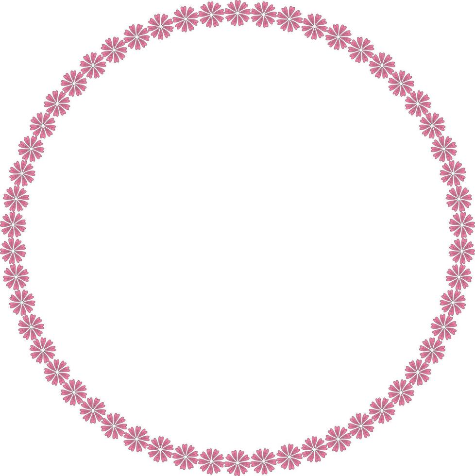 Round frame with positive pink flowers. Isolated wreath on white background for your design. Vector