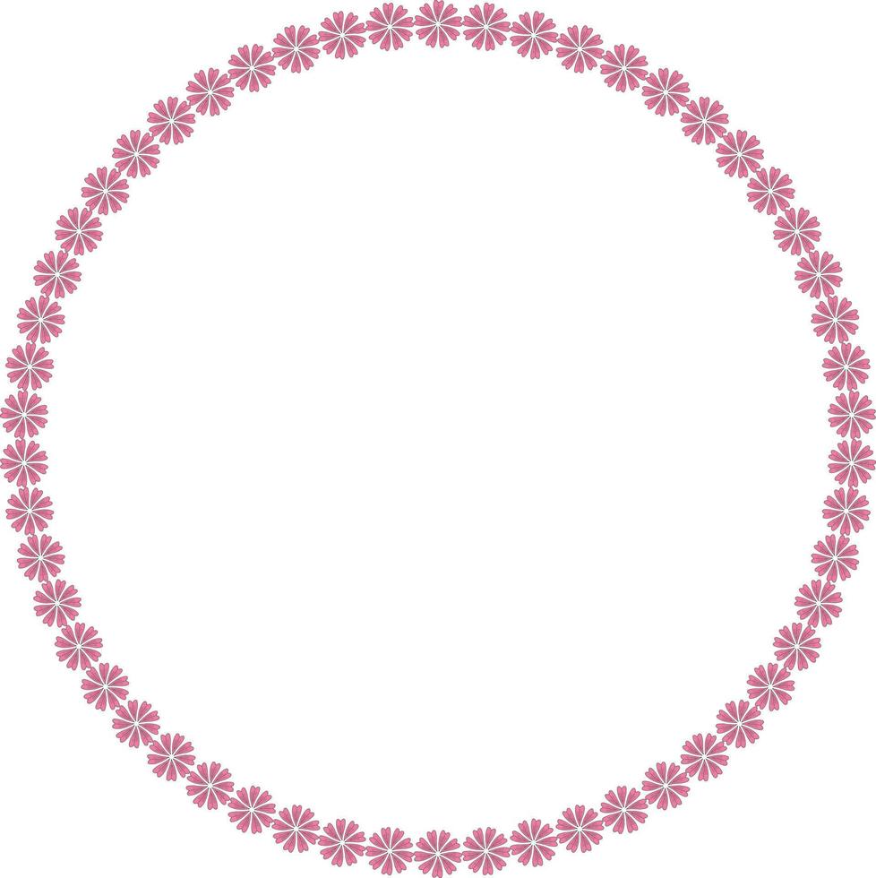 Round frame with positive pink flowers. Isolated wreath on white background for your design. Vector