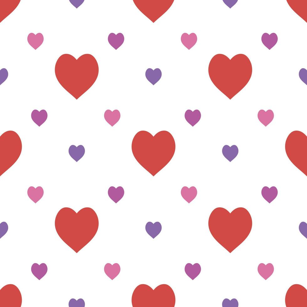 Seamless pattern in stylish red, pink and violet hearts on white background for fabric, textile, clothes, tablecloth and other things. Vector image.