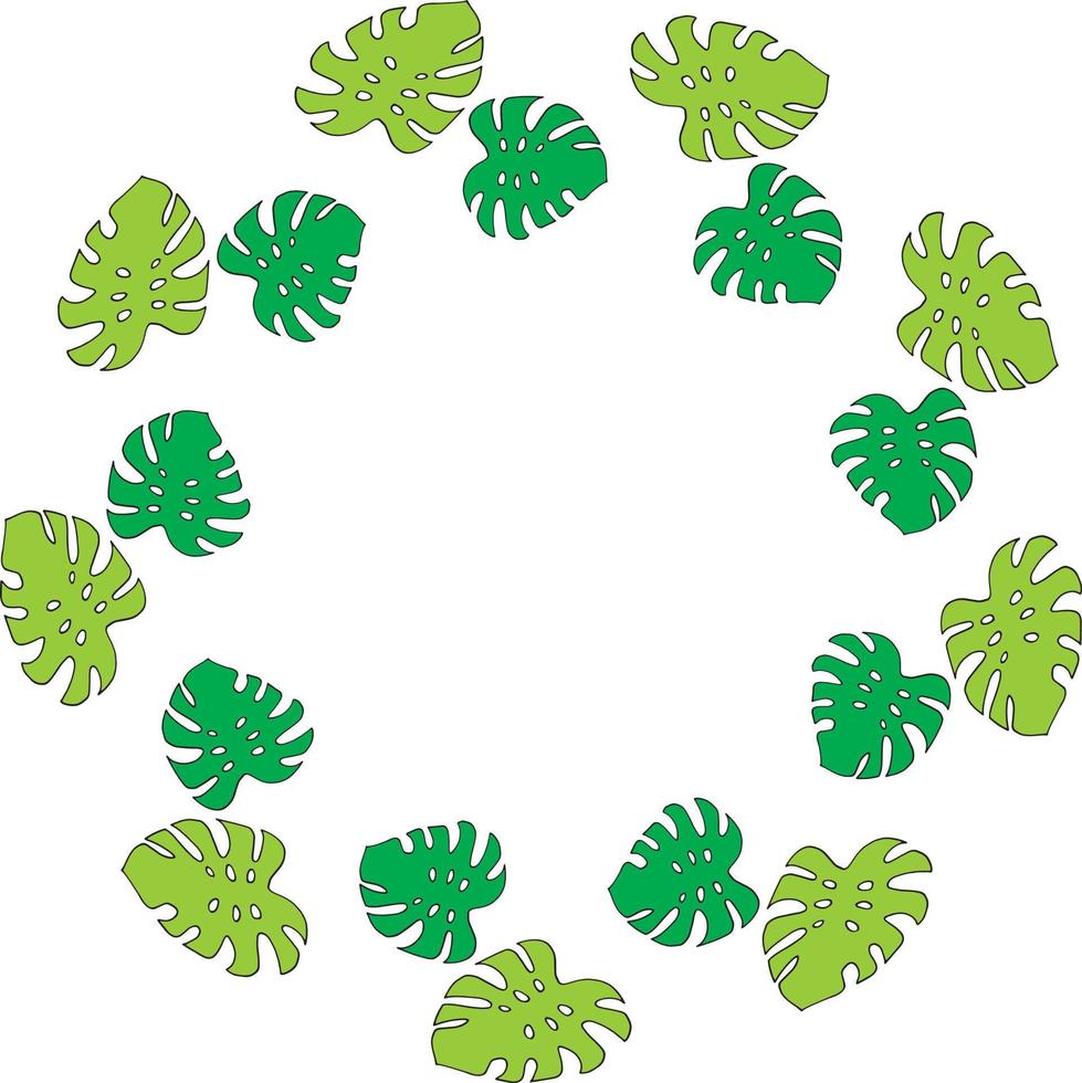 Round frame of horizontal bright green monstera on white background. Isolated frame for your design. vector