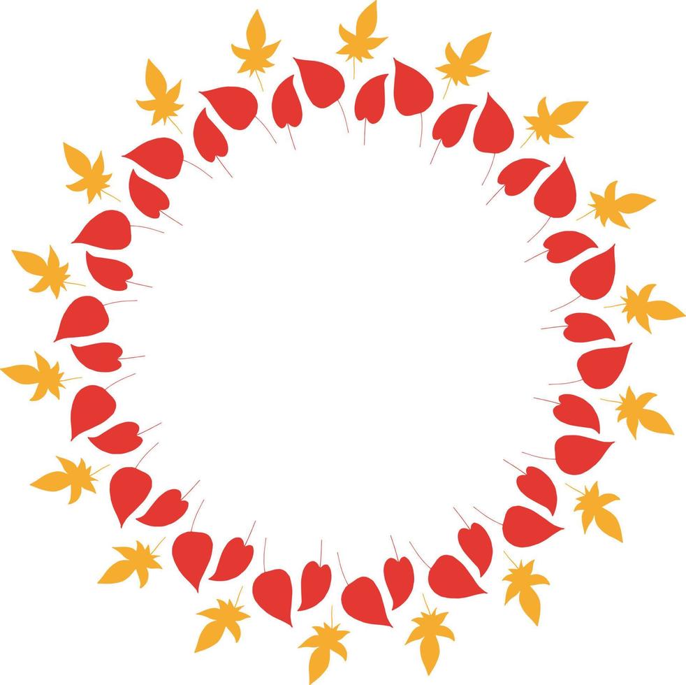 Round frame with cozy vertical red and orange leaves on white background. Isolated wreath for your design. vector