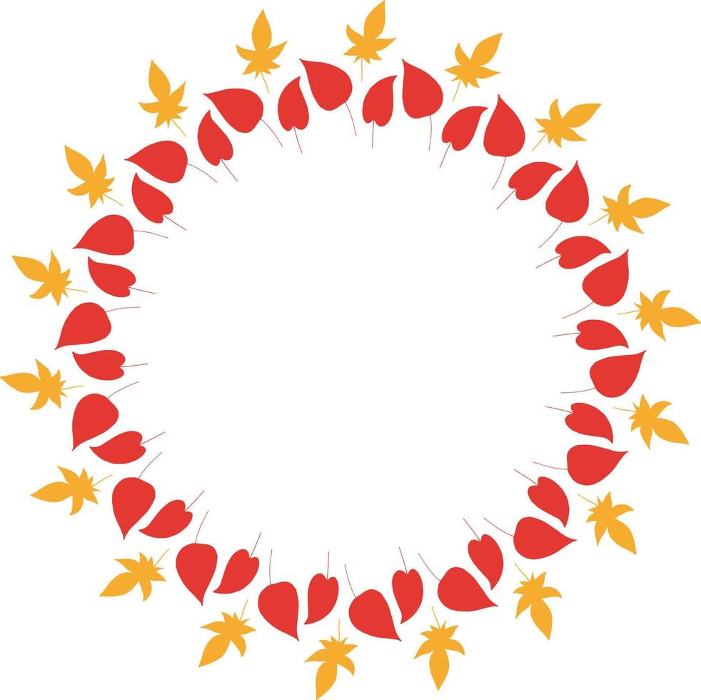 Round frame with cozy vertical red and orange leaves on white background. Isolated wreath for your design. vector