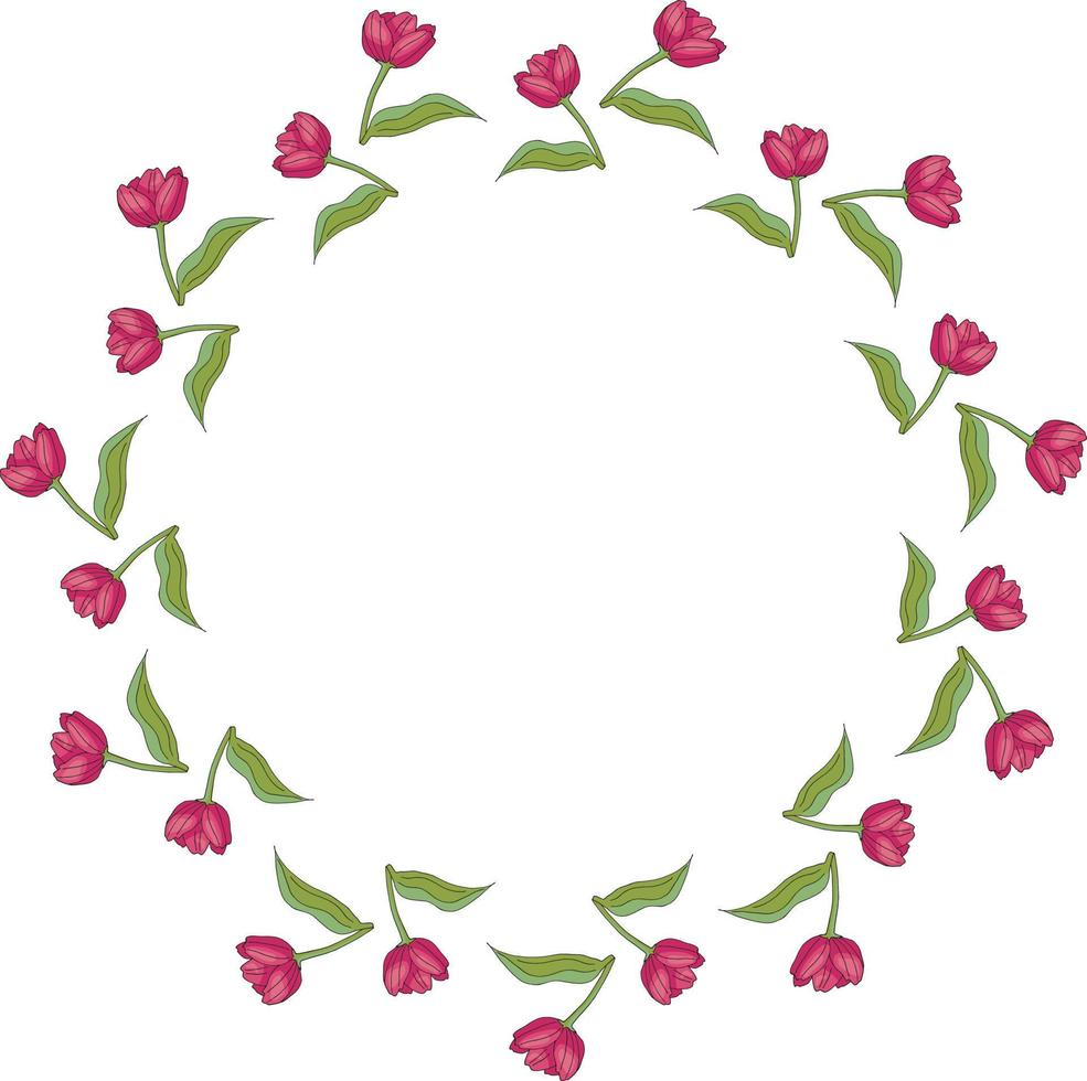 Round frame with cozy vertical blooming pink tulips on white background. Isolated frame of flowers for your design. vector