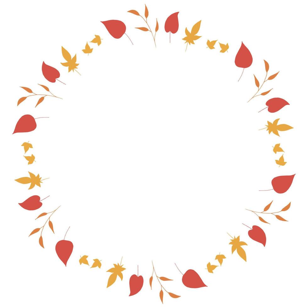 Round frame with cute red leaves,  yellow leaves and orange branches on white background. Isolated wreath for your design. vector