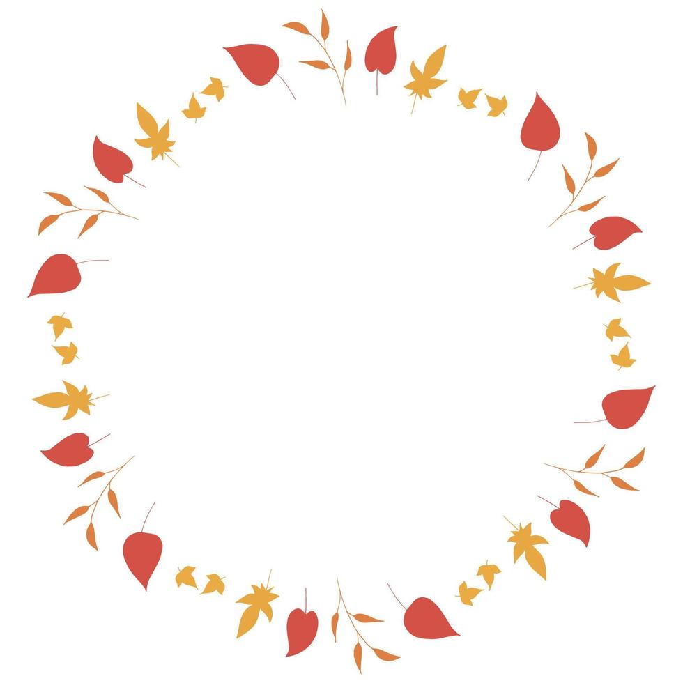 Round frame with cute red leaves,  yellow leaves and orange branches on white background. Isolated wreath for your design. vector