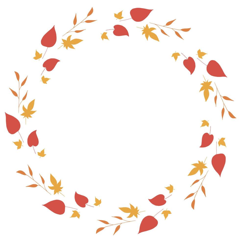 Round frame with horizontal orange branches, yellow and red leaves on white background. Isolated wreath for your design. vector