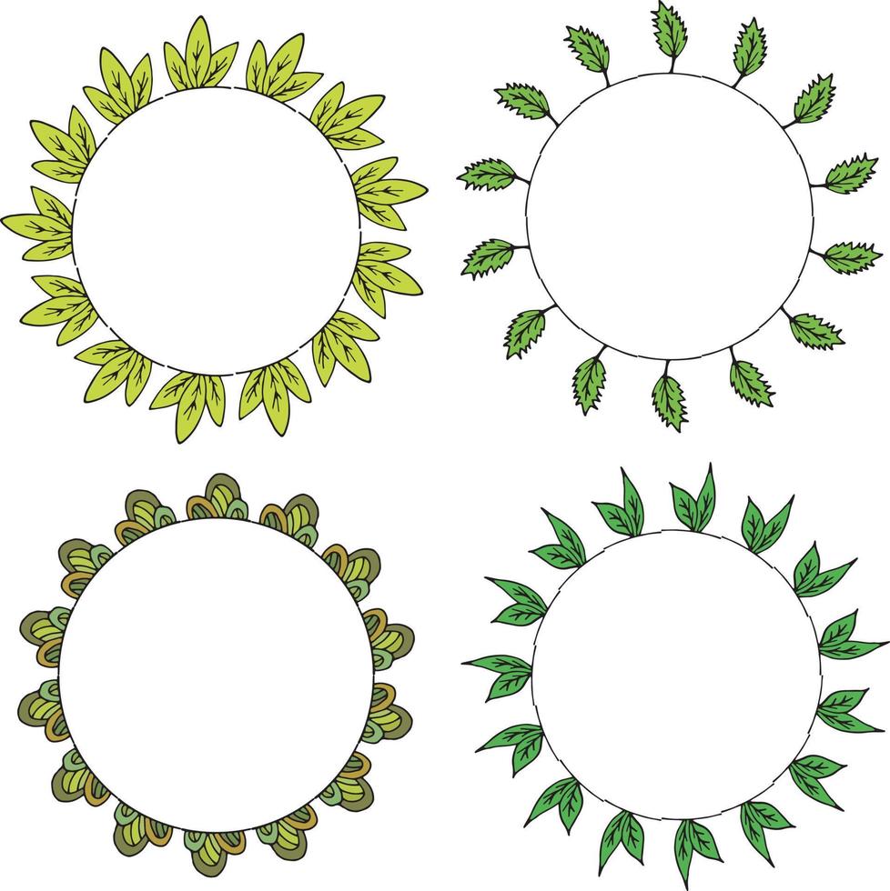 Four round frames with plant elements and green leaves. Isolated wreaths on white background for your design vector