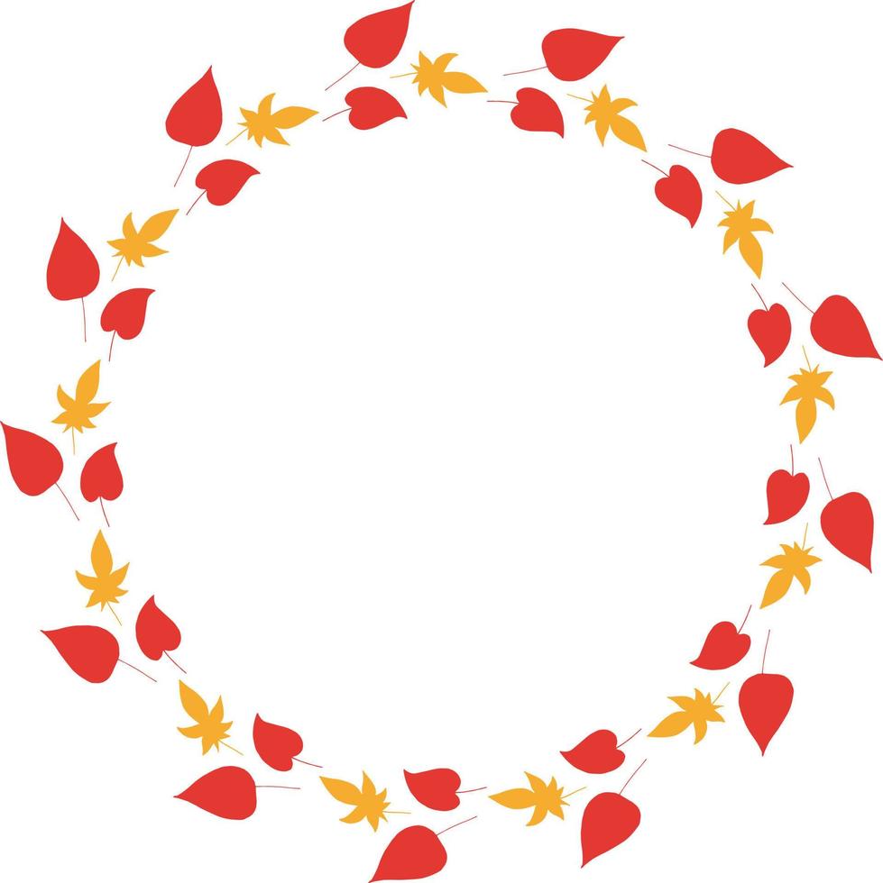 Round frame with cozy horizontal red and orange leaves on white background. Isolated wreath for your design. vector