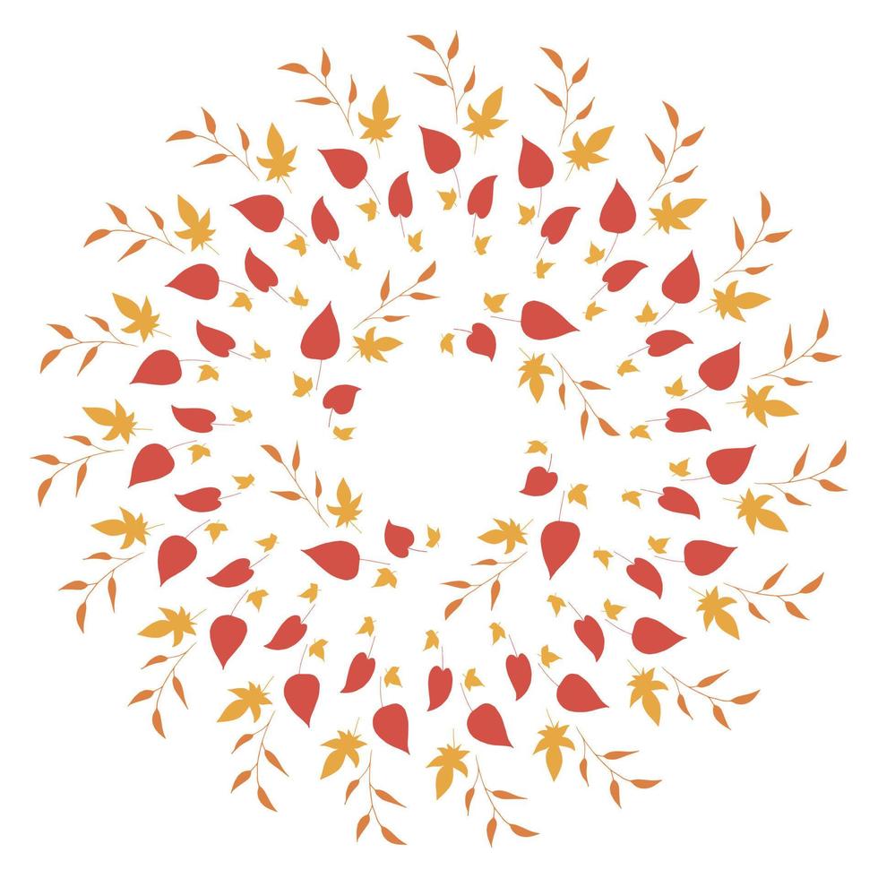 Round frame with different orange branches, yellow and red leaves on white background. Isolated wreath for your design. vector