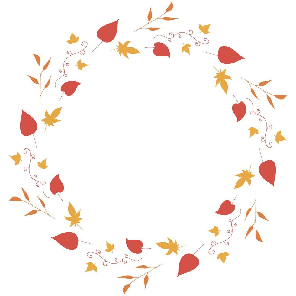 marco redondo con hojas horizontales rojas, naranjas, amarillas y elementos decorativos hojas sobre fondo blanco. corona aislada para su diseño. vector