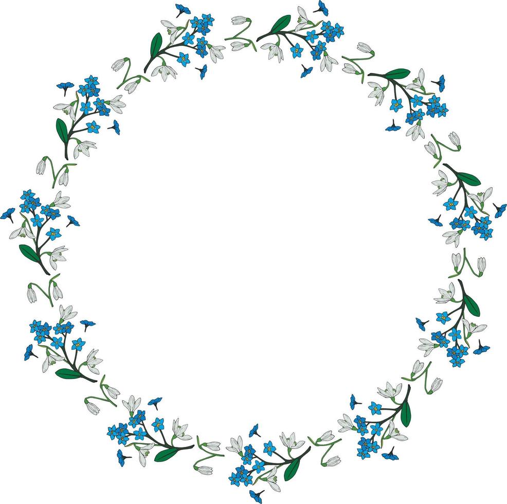 Round frame with snowdrops and flowers forget-me-not. Isolated wreath on white background for your design vector