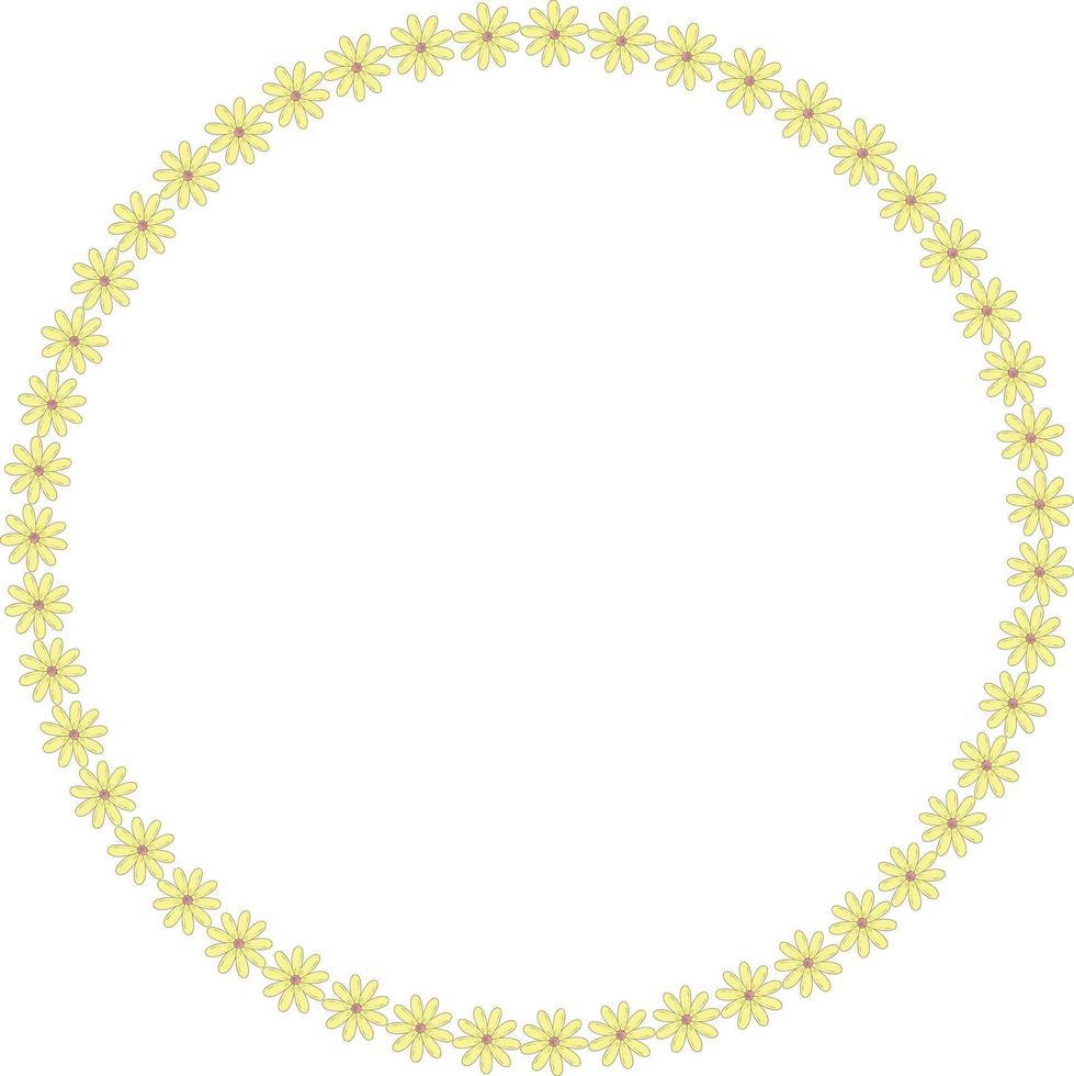 Round frame with positive yellow flowers. Isolated wreath on white background for your design. Vector