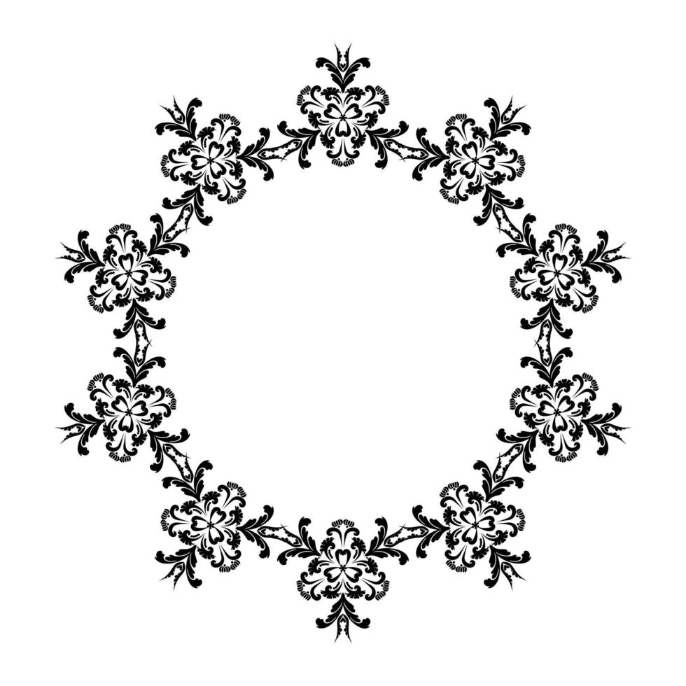 Wreath with fancy flowers. Ornament with curls in Damascus style. Black and white. Arabesque for decoration of cards and invitations. vector