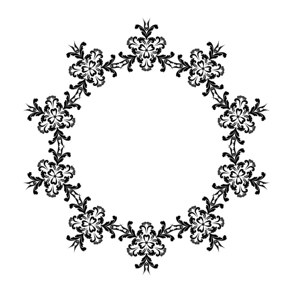 corona con flores de fantasía. ornamento con rizos en estilo damasco. en blanco y negro. arabesco para decoración de tarjetas e invitaciones. vector