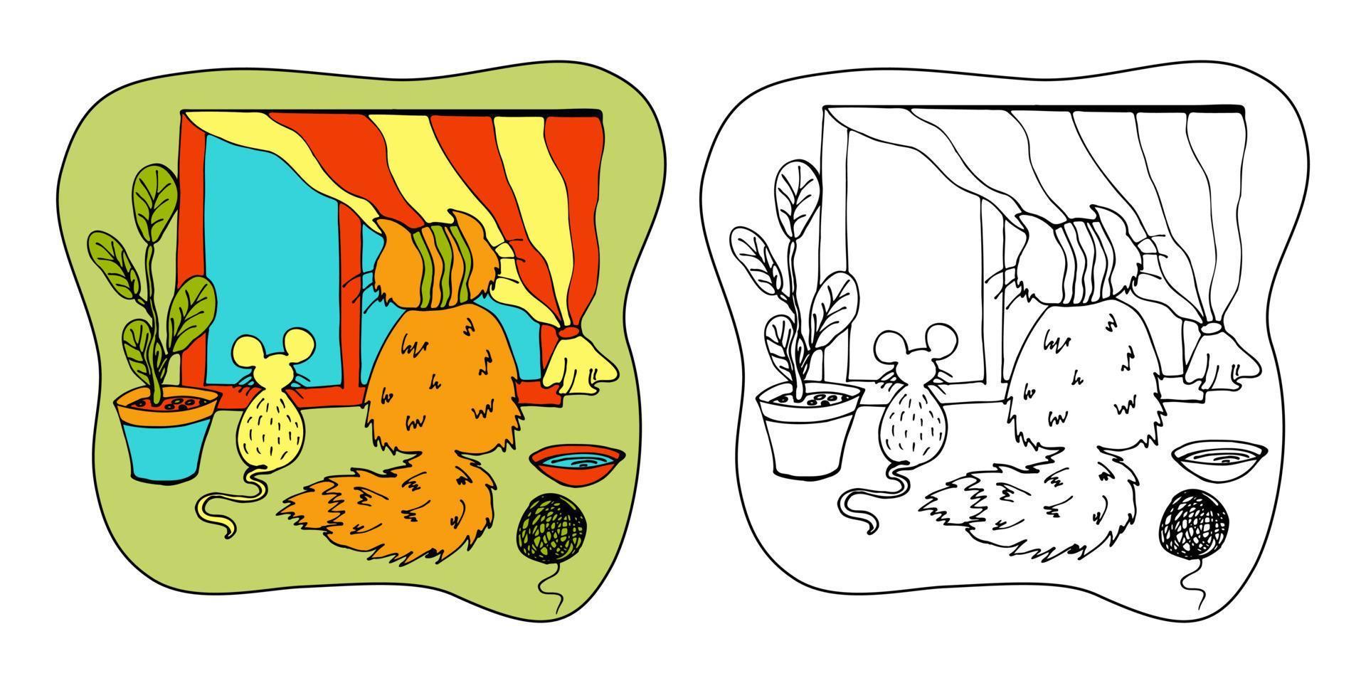 Coloring book page for children.Cute cat and mouse are sitting and looking out the window. Vector hand drawn zentangl illustration with pets. Doodle cartoon style.