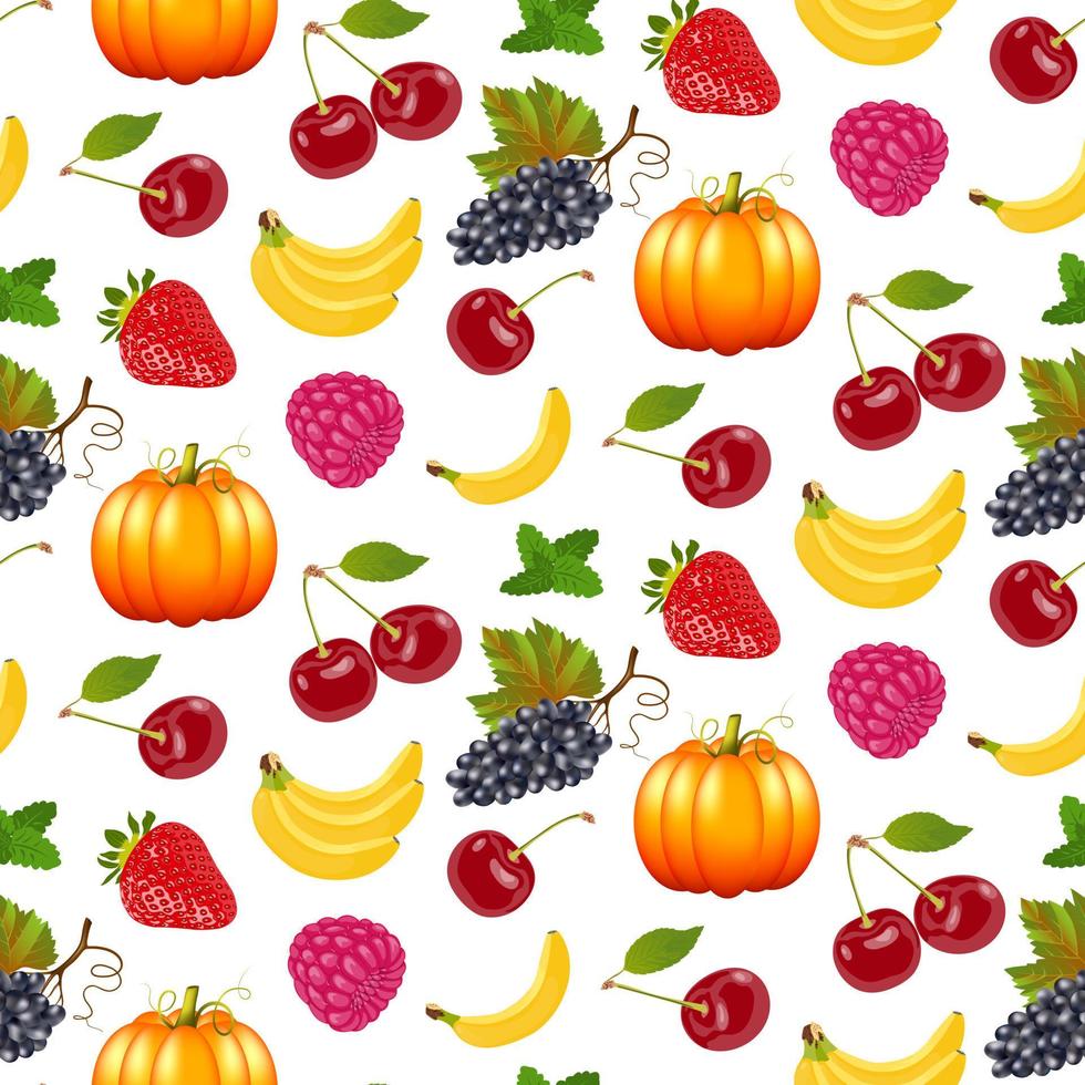 Seasonal abundance. Strawberries, raspberries, grapes, pumpkin, banana, cherry on a white background. Seamless patterns. Vector background for fabric, wallpaper or wrapping paper.