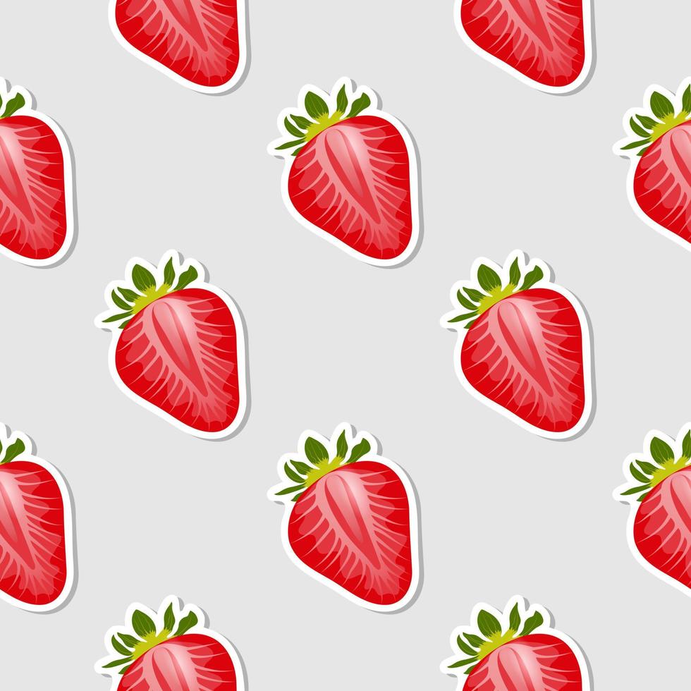 Ripe red strawberry halves seamless pattern. Red slices of strawberries on gray background. Seamless vector texture.