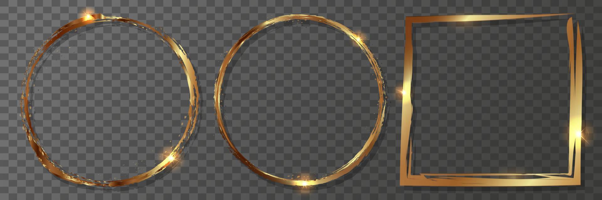 Collection of golden shiny frames. Round and square golden frame on a transparent background. vector