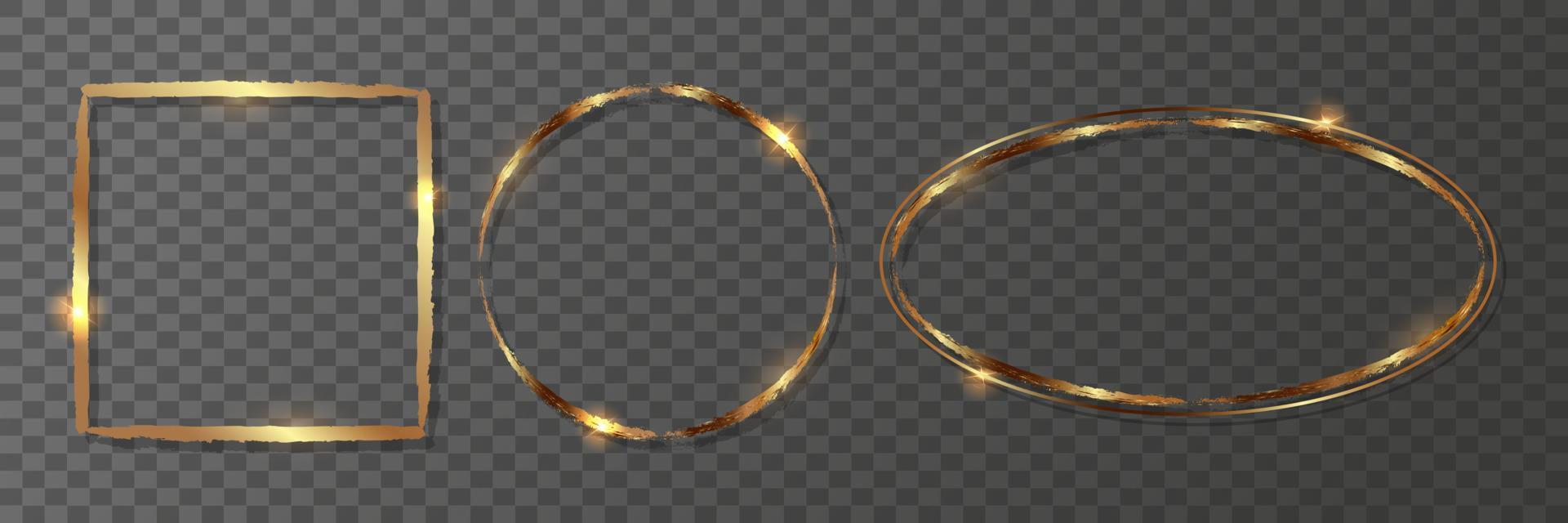 Realistic golden round, square, oval frame on transparent background.Collection of geometric shiny golden frames. vector