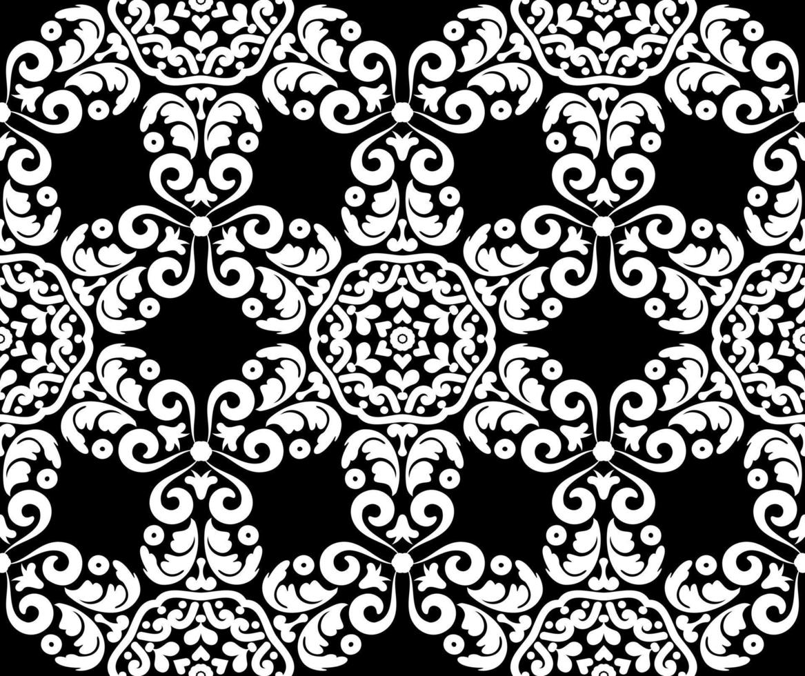 Fantastic white flowers on a black background. Seamless floral vintage pattern. Decorative ornate texture. Black and white. For fabric, wallpaper, venetian pattern,textile, packaging. vector