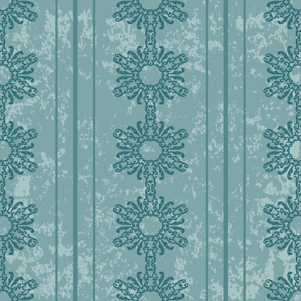 Decorative pattern with vertical ornaments and stripes. Seamless barroque texture vector with grunge. Green color. For textiles, wallpaper, tiles or packaging.