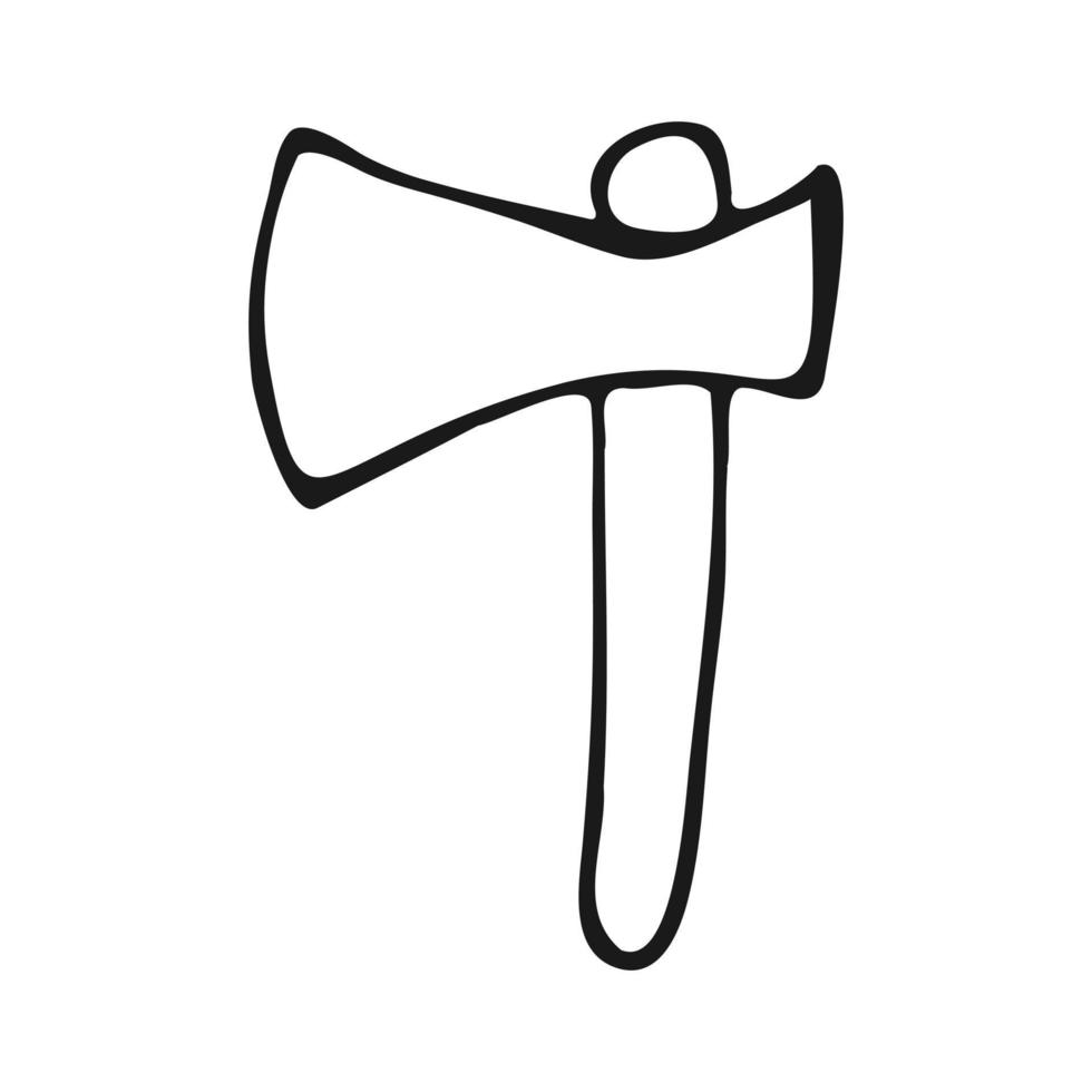 Axe hand drawn in black outline on a white background. Working tool in doodle style.Ax icon. Vector illustration.